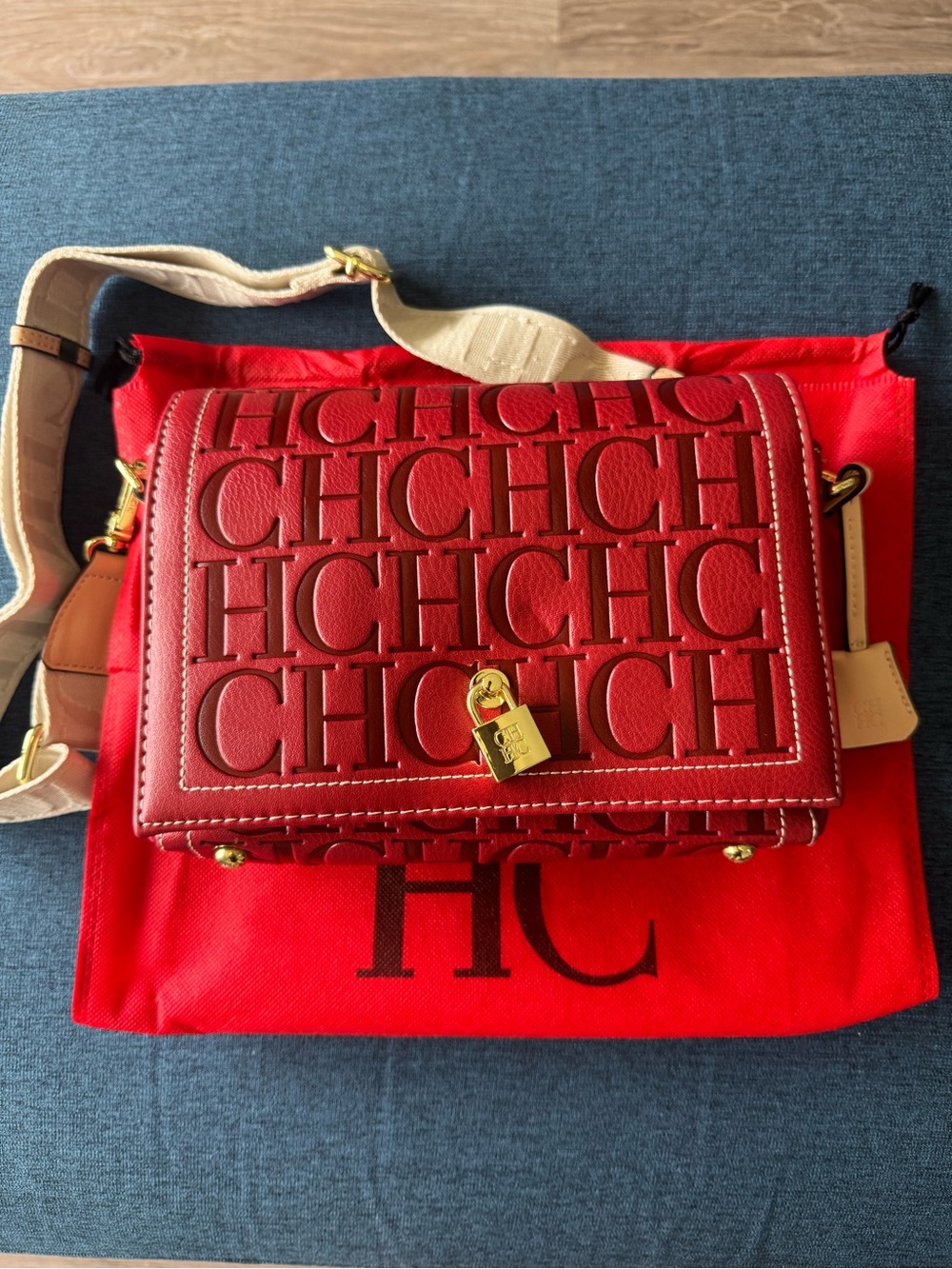 CH Red Leather Crossbody Bag with Gold Lock